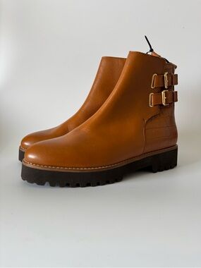 Andre Assous Cognac Leather Double-Buckle Ankle Boots